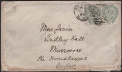142391 1884 MAIL KILBURN, LONDON TO MUSSOOREE, THE HIMALAYAS, INDIA PAIR 5D GREEN (SG193).