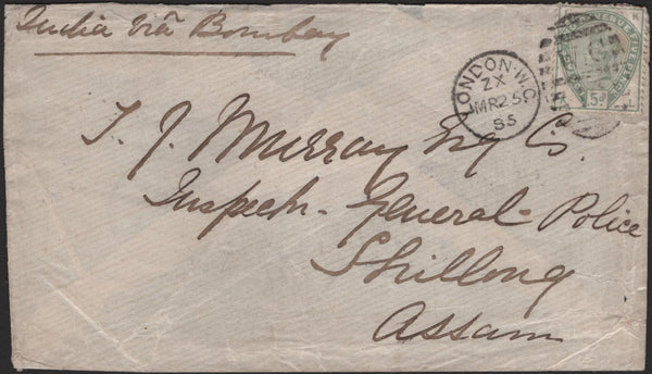 142392 1885 MAIL LONDON TO SHILLONG, ASSAM 5D GREEN (SG193).