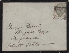 142393 1885 MOURNING ENVELOPE LONDON TO SINGAPORE, STRAITS SETTLEMENTS 5D GREEN (SG193).