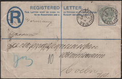 142394 1885 2D BLUE REGISTERED ENVELOPE LONDON TO GERMANY WITH 5D GREEN (SG193).
