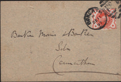 142397 1897 POSTCARD BONCATH, PEMBS TO CARMARTHEN ½D (SG197) 'BONCATH/F63' DUPLEX.