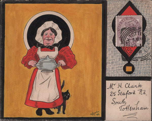 142398 1898 HAND PAINTED ENVELOPE USED IN SOUTH TOTTENHAM, LONDON WITH HAND PAINTED PICTURE OF A FEMALE COOK WITH TUREEN AND BLACK CAT.