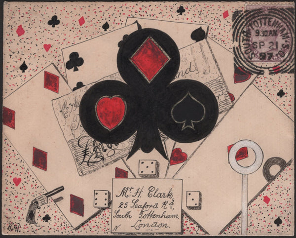 142399 1897 HAND PAINTED ENVELOPE USED IN SOUTH TOTTENHAM WITH PICTURES OF 'PLAYING CARDS'.