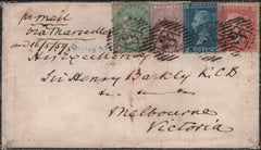 142402 1859 FOUR COLOUR COMBINATION LONDON TO MELBOURNE, VICTORIA WITH 1S GREEN (SG72), 6D LILAC, (SG68) 2D BLUE (SG45) AND 1D (SG40).