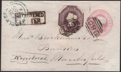 142403 1855 1D PINK ENVELOPE AND 6D EMBOSSED (SG58) REGISTERED MAIL CHESTER TO MACCLESFIELD.