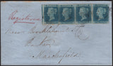 142421  1850 REGISTERED MAIL PONTEFRACT, WEST YORKSHIRE TO MACCLESFIELD 2D BLUE PL.3 (SG14) X 4.