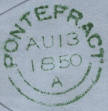 142421  1850 REGISTERED MAIL PONTEFRACT, WEST YORKSHIRE TO MACCLESFIELD 2D BLUE PL.3 (SG14) X 4.