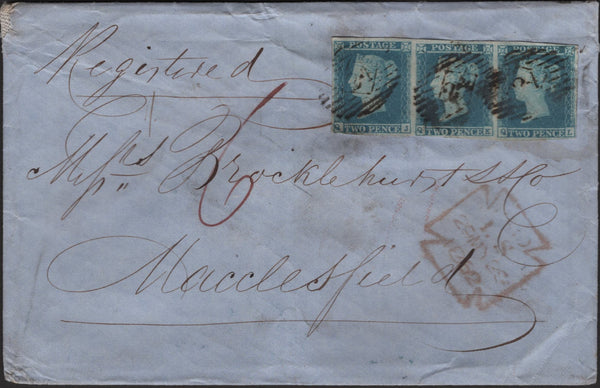 142422 1852 REGISTERED MAIL LONDON TO MACCLESFIELD 2D BLUE PL.4 (SG14) X 3.