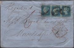 142422 1852 REGISTERED MAIL LONDON TO MACCLESFIELD 2D BLUE PL.4 (SG14) X 3.