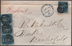 142423 1851 REGISTERED MAIL BURTON ON TRENT, STAFFS TO MACCLESFIELD WITH 2D BLUE PL.4 (SG14) X 4.