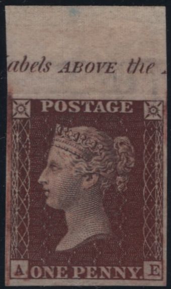 142431 1856 DIE 2 1D PL.40 IMPERFORATE IMPRIMATUR LETTERED AE, VERY DEEP RED-BROWN.
