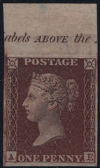 142431 1856 DIE 2 1D PL.40 IMPERFORATE IMPRIMATUR LETTERED AE, VERY DEEP RED-BROWN.