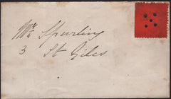 142432 CIRCA 1871-1875 MAIL KEBLE COLLEGE OXFORD USED LOCALLY WITH ½D VERMILION (CS5) WITH FIVE 'PIPS' CANCELLATION.