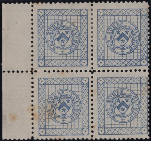 142450 1884 ALL SOULS' COLLEGE, OXFORD ½D ULTRAMARINE (CS1) GOOD TO FINE UNUSED BLOCK OF FOUR.