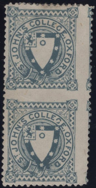 142493 1884 ST. JOHN'S COLLEGE, OXFORD ½D GREY-BLUE UNUSED VERTICAL PAIR VARIETY 'IMPERF BETWEEN' (CS17a).