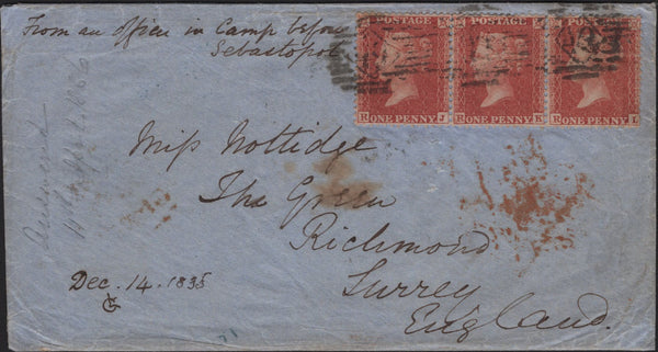 142503 1855 MAIL FROM THE CRIMEAN WAR TO SURREY WITH STRIP OF THREE DIE 2 1D PL.13 (SG24) CANCELLED IN LONDON.