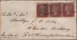 142504 1855 MAIL FROM THE CRIMEAN WAR TO NORTHANTS WITH STRIP OF THREE DIE 1 1D PL.191 (SG17) CANCELLED IN LONDON.