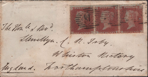 142504 1855 MAIL FROM THE CRIMEAN WAR TO NORTHANTS WITH STRIP OF THREE DIE 1 1D PL.191 (SG17) CANCELLED IN LONDON.
