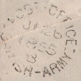 142504 1855 MAIL FROM THE CRIMEAN WAR TO NORTHANTS WITH STRIP OF THREE DIE 1 1D PL.191 (SG17) CANCELLED IN LONDON.