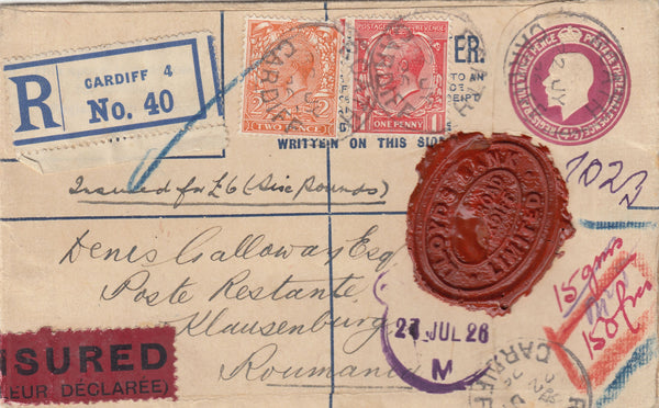 142523 1926 INSURED REGISTERED MAIL CARDIFF TO ROUMANIA.