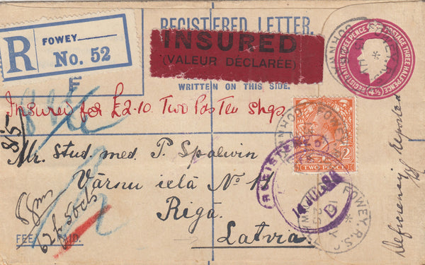 142524 1926 REGISTERED INSURED MAIL FOWEY, CORNWALL TO RIGA, LATVIA.