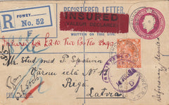 142524 1926 REGISTERED INSURED MAIL FOWEY, CORNWALL TO RIGA, LATVIA.