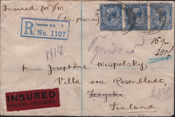 142525 1923 REGISTERED INSURED MAIL LONDON TO FINLAND.