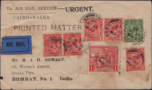 142526 1927 AIRMAIL LONDON TO INDIA WITH 1924 1D WEMBLEY (SG430) AND OTHER KGV ISSUES.