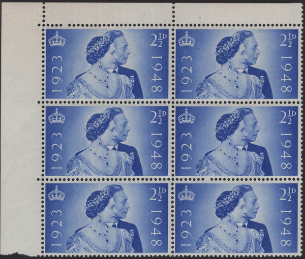 142527 1948 2½d ROYAL SILVER WEDDING (SG493) UNMOUNTED O.G. BLOCK OF SIX WITH CONSTANT VARIETY 'EXTRA PEARL ON EARRING'.