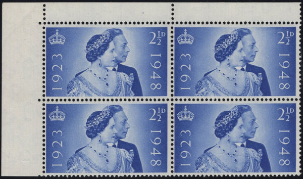 142530 1948 2½d ROYAL SILVER WEDDING (SG493 )UNMOUNTED CORNER BLOCK OF FOUR VARIETY 'EXTRA JEWEL ON QUEEN'S PENDANT'.