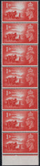 142535 1948 1D CHANNEL ISLES LIBERATION (SG C1) UNUSED VERTICAL STRIP OF SEVEN WITH PAPER JOIN.
