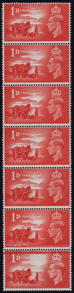 142536 1948 1D CHANNEL ISLES LIBERATION (SG C1) UNUSED VERTICAL STRIP OF SEVEN WITH PAPER JOIN.