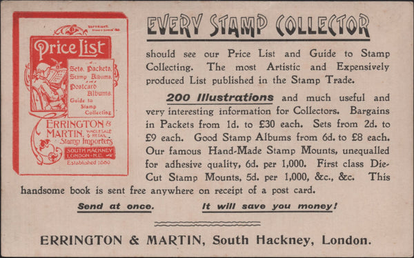 142538 CIRCA 1920 ERRINGTON AND MARTIN STAMP DEALERS PROMOTIONAL CARD ADVERTISING THEIR 'Price List and Guide to Stamp Collecting'..