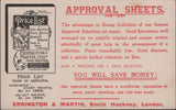 142539 CIRCA 1920 ERRINGTON AND MARTIN STAMP DEALERS PROMOTIONAL CARD ADVERTISING THEIR 'APPROVAL SHEETS' AND 'PRICE LIST'.