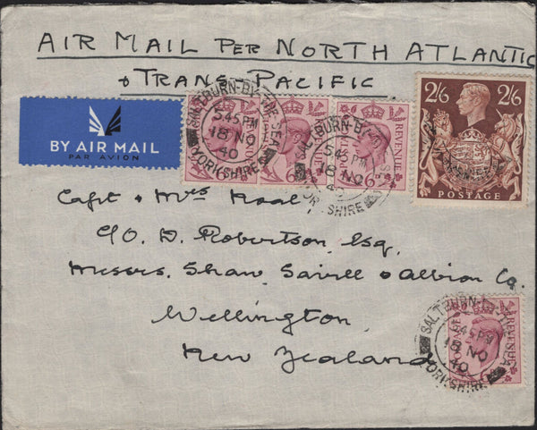 142542 1940 AIRMAIL SALTBURN BY THE SEA, YORKSHIRE TO NEW ZEALAND WITH 6D (SG470) X 4 AND 2/6 BROWN (SG476).