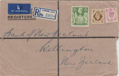 142543 1946 REGISTERED AIRMAIL LIVERPOOL TO WELLINGTON, NEW ZEALAND WITH KGVI 6D, 1S AND 2/6 YELLOW-GREEN (SG476b).