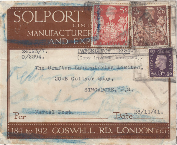 142545 1941 PARCEL LABEL LONDON TO SINGAPORE WITH KGVI 3D PURPLE (SG467) 2/6 BROWN (SG476) AND 5S RED (SG477), UNDELIVERED DEUR TO JAPANESE ATTACK ON PEARL HARBOUR.