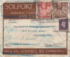 142545 1941 PARCEL LABEL LONDON TO SINGAPORE WITH KGVI 3D PURPLE (SG467) 2/6 BROWN (SG476) AND 5S RED (SG477), UNDELIVERED DEUR TO JAPANESE ATTACK ON PEARL HARBOUR.