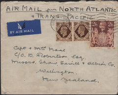 142552 1941 AIRMAIL GOLDERS GREEN, LONDON TO NEW ZEALAND WITH 1S (SG475) X 2 AND 2/6 BROWN (SG476).