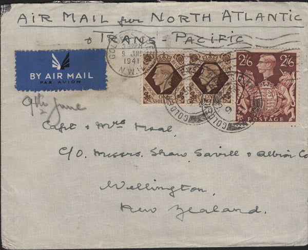 142553 1941 AIRMAIL GOLDERS GREEN TO NEW ZEALAND 1S (SG475) X 2 AND FINE 2/6 BROWN (SG476).