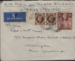142553 1941 AIRMAIL GOLDERS GREEN TO NEW ZEALAND 1S (SG475) X 2 AND FINE 2/6 BROWN (SG476).