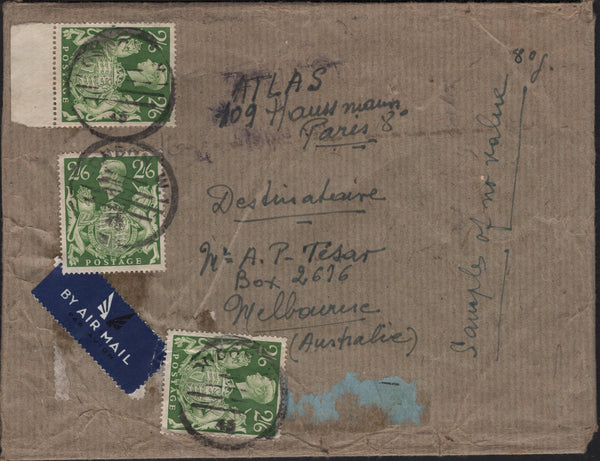 142555 CIRCA 1947 COMPLETE PARCEL WRAPPER WITH 'SAMPLES' SENT AIRMAIL LONDON TO AUSTRALIA 2/6D YELLOW-GREEN (SG476b) x 3.