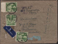 142555 CIRCA 1947 COMPLETE PARCEL WRAPPER WITH 'SAMPLES' SENT AIRMAIL LONDON TO AUSTRALIA 2/6D YELLOW-GREEN (SG476b) x 3.