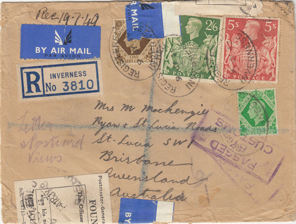 142556 1949 REGISTERED AIRMAIL INVERNESS TO QUEENSLAND, AUSTRALIA WITH 'FOUND OPEN/OFFICIALLY SEALED' LABELS 2/6 YELLOW-GREEN (SG476b) AND 5S RED (SG477).