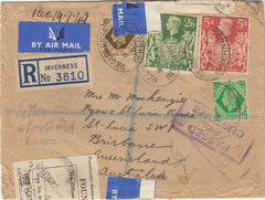 142556 1949 REGISTERED AIRMAIL INVERNESS TO QUEENSLAND, AUSTRALIA WITH 'FOUND OPEN/OFFICIALLY SEALED' LABELS 2/6 YELLOW-GREEN (SG476b) AND 5S RED (SG477).