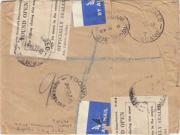 142556 1949 REGISTERED AIRMAIL INVERNESS TO QUEENSLAND, AUSTRALIA WITH 'FOUND OPEN/OFFICIALLY SEALED' LABELS 2/6 YELLOW-GREEN (SG476b) AND 5S RED (SG477).