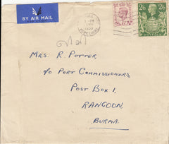 142557  1950 AIRMAIL HULL TO RANGOON, BURMA 6D PURPLE (SG470) 2/6 YELLOW-GREEN (SG476b).