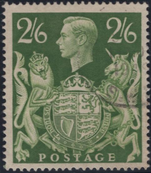 142561 1941 2/6 YELLOW-GREEN (SG476b) 'UNICORN RE-ENTRY' VERY FINE USED.