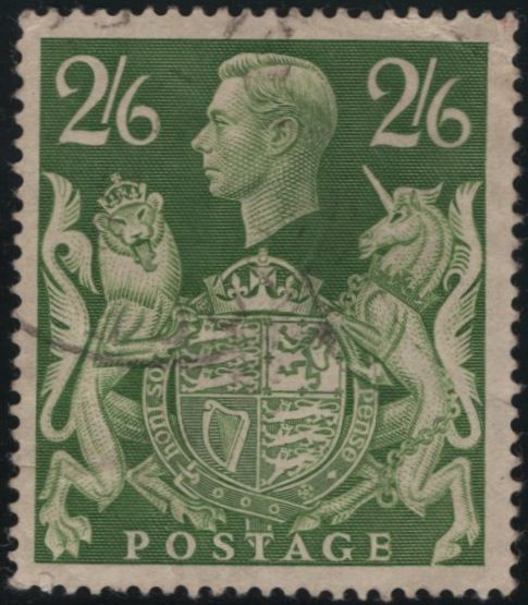 142562 1942 2/6 YELLOW-GREEN (SG476b) MINOR RE-ENTRY, GOOD USED.