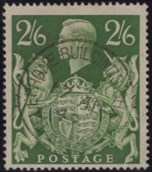 142563 1942 2/6 YELLOW-GREEN (SG476b) MINOR RE-ENTRY, GOOD USED.